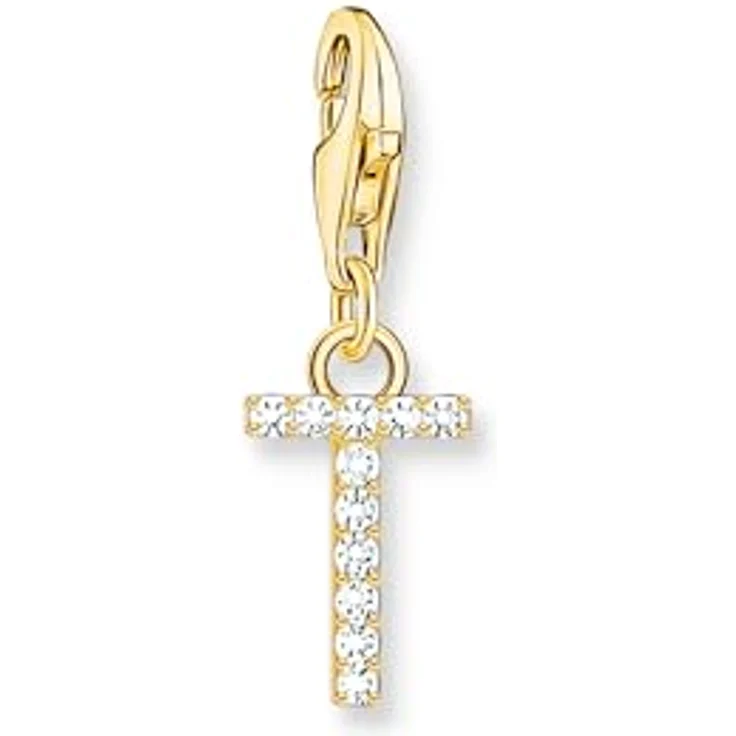 THOMAS SABO Charm-Anhänger Buchstabe T, vergoldet mit weißen Steinen aus 925 Sterlingsilber, passend für Charm-Armbänder und -Ketten – Bild 1