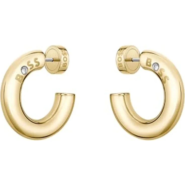 BOSS Jewelry LIVE Creolen Damen, 25mm Hohlkreolen in Gelbgold mit BOSS-Logo und Kristalldetail, sicherer Butterfly-Verschluss