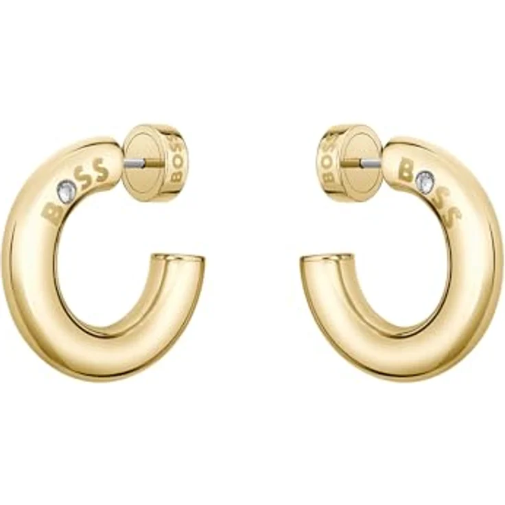 BOSS Jewelry LIVE Creolen Damen, 25mm Hohlkreolen in Gelbgold mit BOSS-Logo und Kristalldetail, sicherer Butterfly-Verschluss – Bild 1