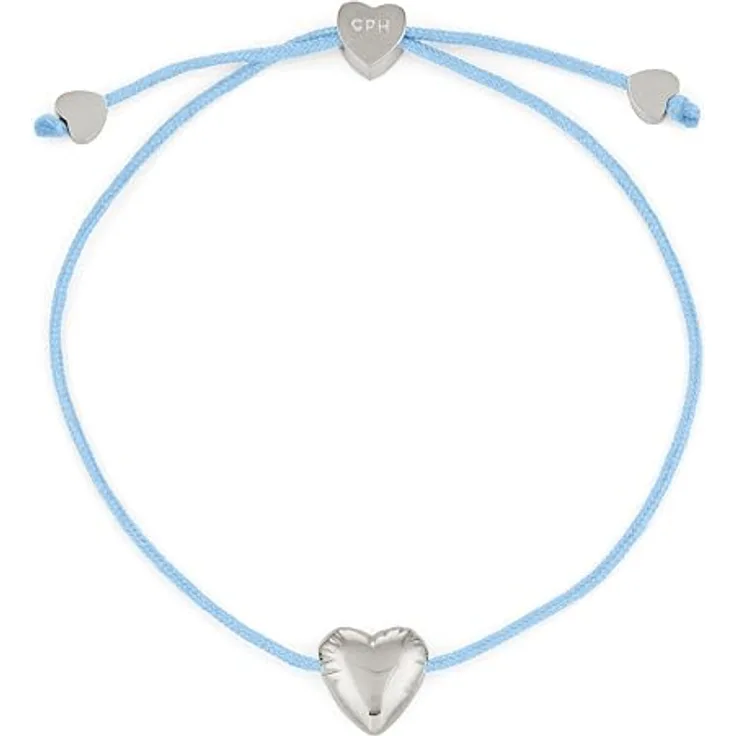 COPENHAGEN STUDIOS Bracelet Balloon Hearts, Damenarmband mit stufenlos verstellbarem Nylonband, Herzanhänger aus poliertem Edelstahl, hellblau-silber