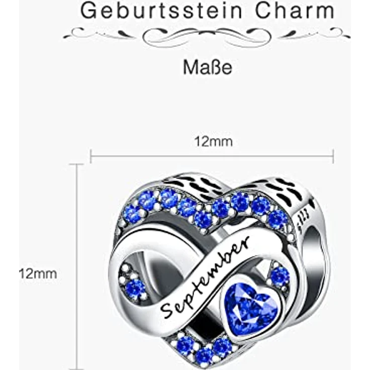 BIZK September Geburtsstein Charm Anhänger, 925 Sterling Silber mit dunkelblauem Zirkon, für Armband und Halskette, Geschenk für Frauen – Bild 5