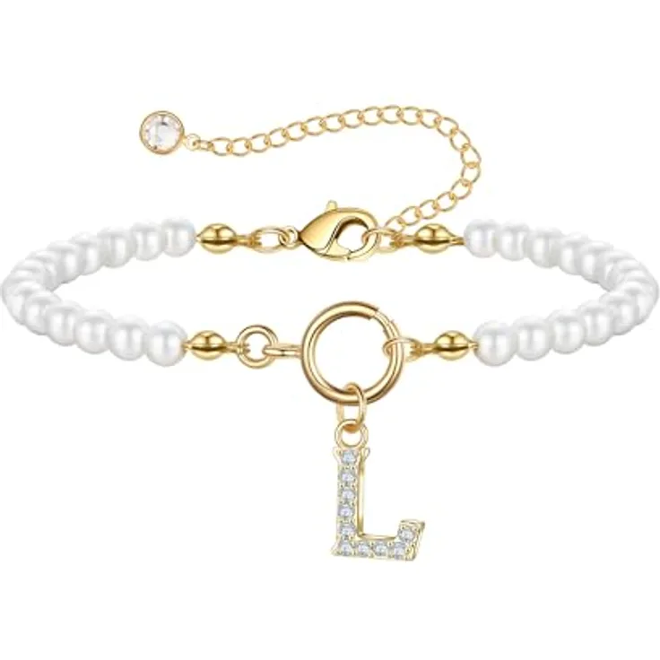 TINGN Perlen Armband Damen Gold, 5MM mit Buchstaben L und CZ-Anhänger, anpassbare Länge 15cm+6,3cm, ideal als Geschenk für Mädchen und Frauen