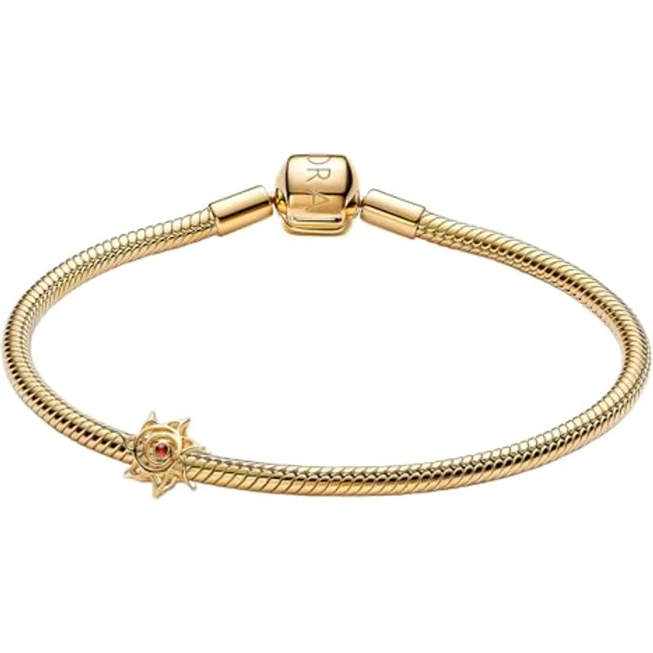 Pandora Charm-Armband Geschenkset Damen, goldfarbenes Starter-Set mit Bead-Charm Sonne und orangefarbenen Kristallen, 3 mm Stärke