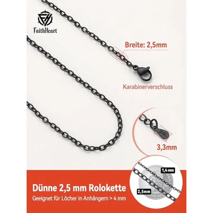 FaithHeart Rolokette, 65CM Edelstahl Halskette, 2,5MM breit, schwarze Herren Gliederkette ohne Anhänger – Bild 2