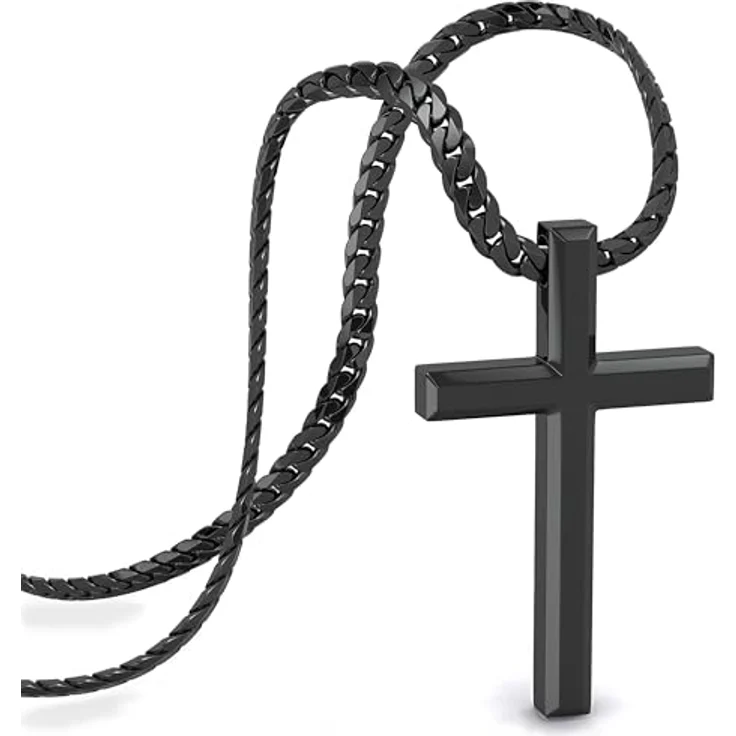 SERASAR Edelstahl Halskette Herren, schwarze Panzerkette mit Kreuz-Anhänger, 50cm/60cm, Geschenkbox – Bild 1