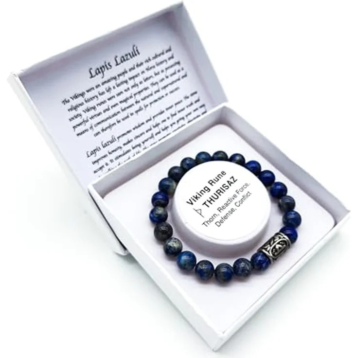 AB Viking Crafts Wikinger Futhark Rune Edelstein Armband Lapis Lazuli, 21 cm, Damen/Herren, Schutz Glück Energie in Geschenkbox | Rune THURISAZ – Bild 2