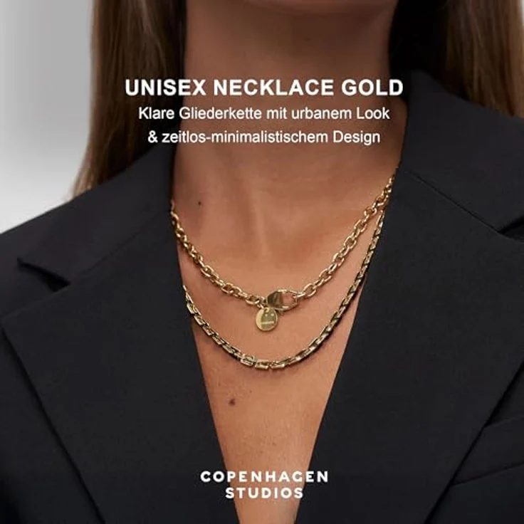 Copenhagen STUDIOS Edgy Necklace, Unisex Halskette aus 14K vergoldetem Edelstahl, gold, verstellbare Länge 45/48/51 cm, wasserfest & hautfreundlich – Bild 2