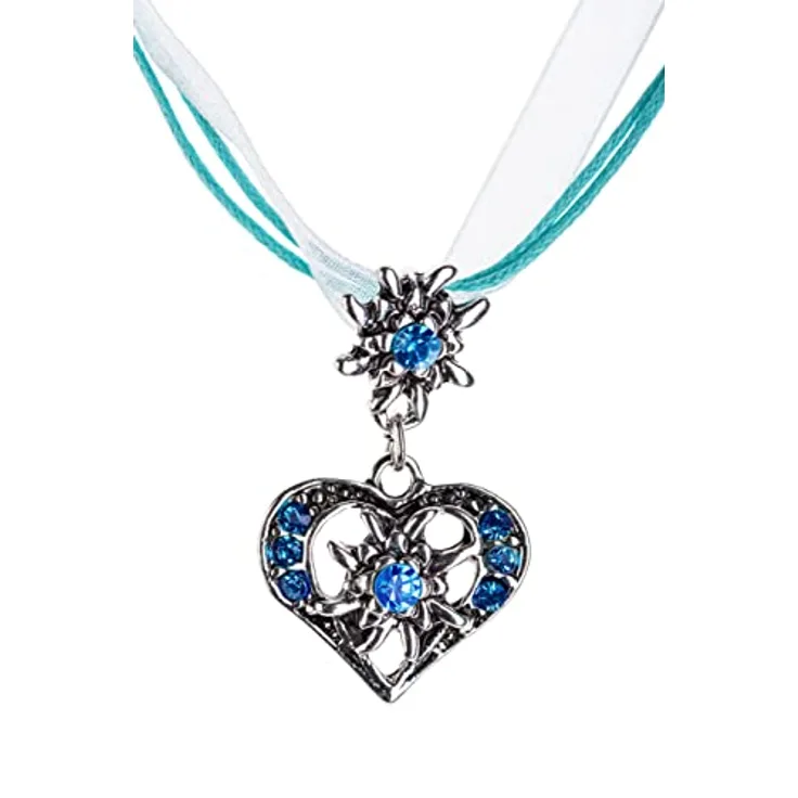 Schöneberger Trachten Couture Trachtenkette Wiesnherz, Herz mit Strass und Edelweiss für Dirndl und Lederhose Damen, türkis/blau
