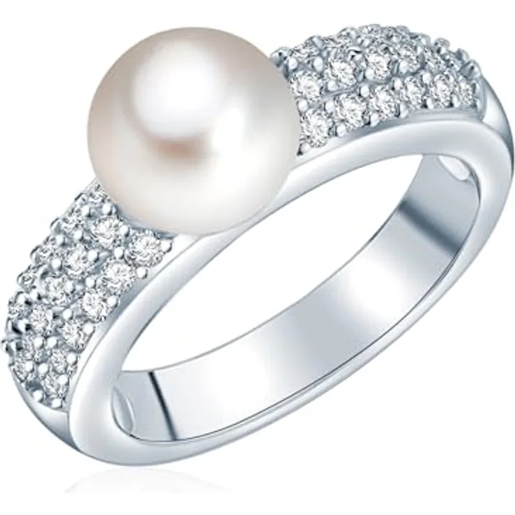 Valero Pearls Damen-Ring mit weißen Süßwasser-Zuchtperlen 8-9 mm, 925 Sterling Silber, Zirkonia, glamouröses Design, Geschenkbox