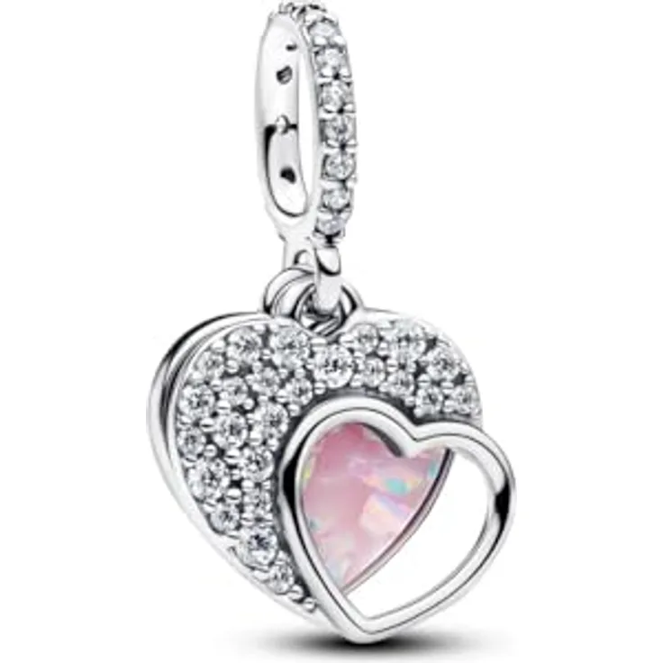 PANDORA Charm Beautiful Mother Doppelter Herz Anhänger in 925 Sterling Silber mit Cubic Zirkonia und Opal Optik, Gravur "To my Beautiful Mother", kompatibel mit Moments ME, 794456C01