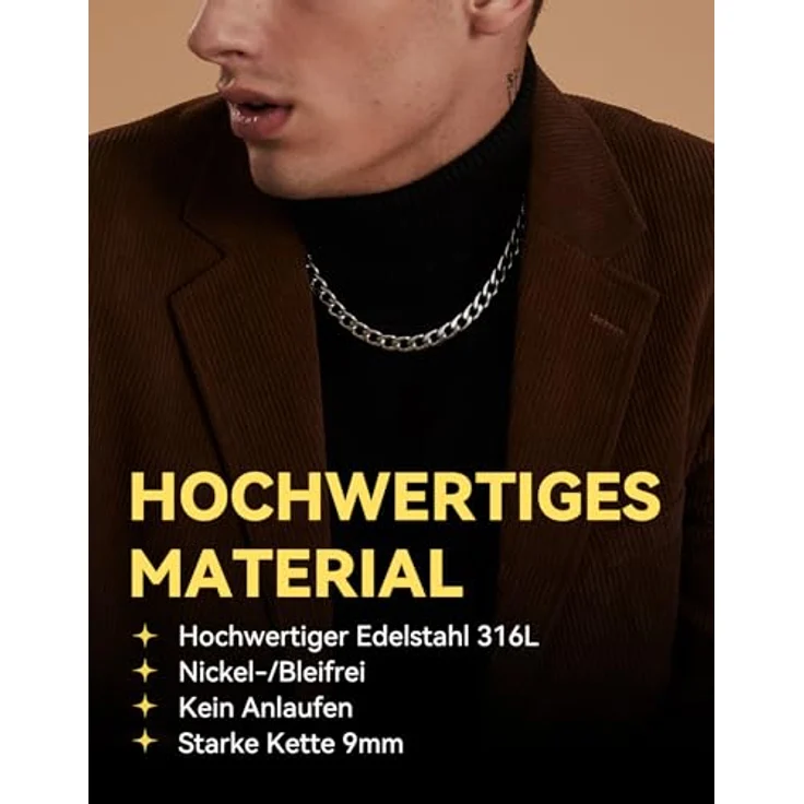 ChainsHouse Panzerkette für Herren, 71cm Edelstahl Gliederkette, 9mm Kubanische Kette, silber, antiallergen, Karabinerverschluss – Bild 3