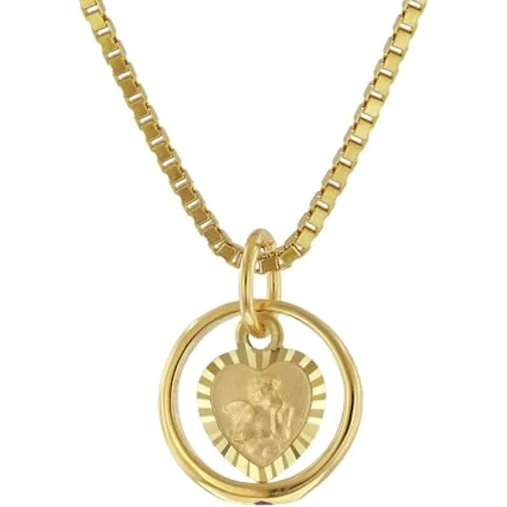 trendor Taufring Rubin Amorherz Gold 585 an goldplattierter Halskette 42 cm, mit Herzchen und Engelmotiv