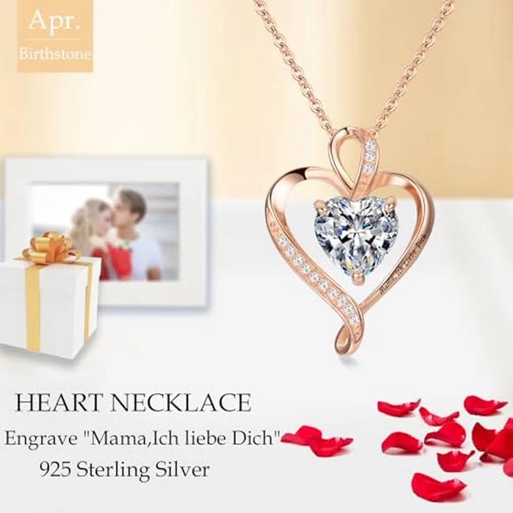 LAVUMO Herz Halskette Damen 925 Silber mit "I love you" Gravur, personalisierbar mit Geburtsstein, Geschenkbox in Rose – Bild 2