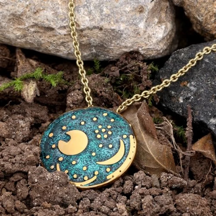 trendor Damenkette mit Himmelsscheibe von Nebra, 925 Sterlingsilber Grün/Gold ⌀ 20 mm, 45 cm Rundanker-Halskette, modisches Schmuckstück für Frauen – Bild 5