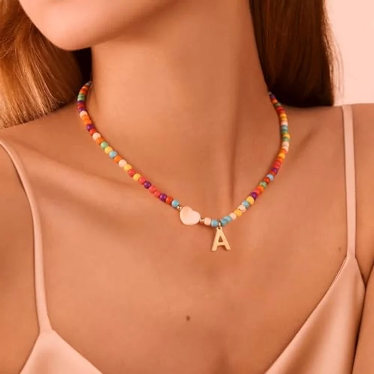 TINGN Bunte Perlenkette mit Initiale S, Personalisierte Damen Halskette aus Türkisperlen und Muschelherzen, 14+2 Zoll Choker-Stil, Geschenk für Frauen und Mädchen – Bild 3