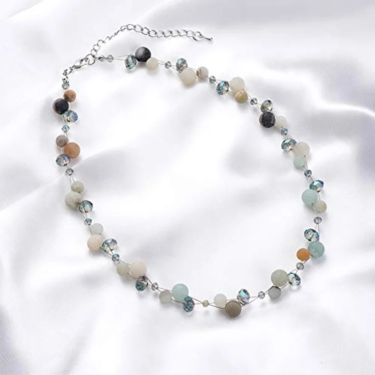 Bulinlin Damen Kristall Perlenkette Boho Statement Choker Halskette, 17 Zoll plus 3 Zoll Verlängerung, Silber Grün – Bild 3