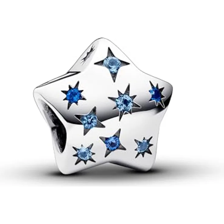 PANDORA Moments Auffälliges Funkelndes Stern Charm aus Sterling Silber mit blauen künstlichen Kristallen, kompatibel mit Moments Armbändern, 792974C01