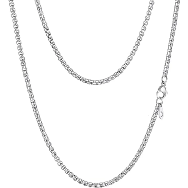 PROSTEEL Edelstahl Halskette Venetia Box Briolette, silber, 3mm Breite, 46cm Länge, Unisex Schmuck für Männer und Jungen – Bild 1