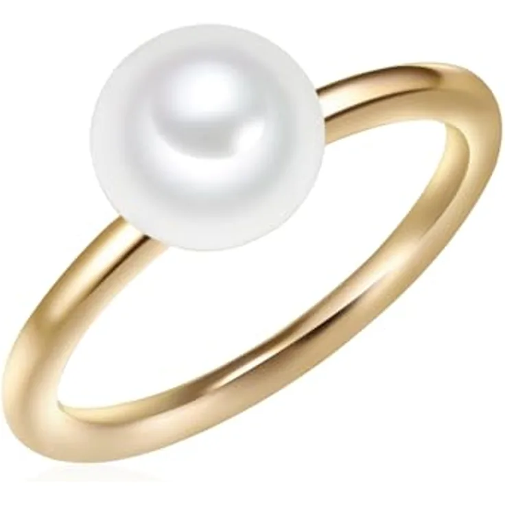 Valero Pearls Damen-Ring 925 Sterling Silber gelbvergoldet mit 8 mm Süßwasser-Zuchtperle in Weiß - Moderner Perlenring für Frauen