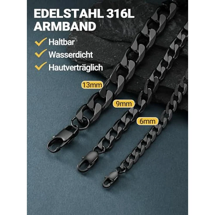 PROSTEEL Panzerarmband Herren, 316L Edelstahl, 21 cm lang, 13 mm breit, schwarz, klassisches Design, wasserdicht und hautfreundlich – Bild 4