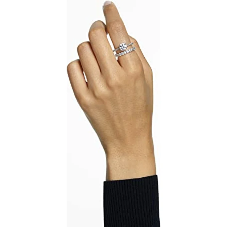 Swarovski Stilla Set, Rhodinierte Damenringe mit Weißen Swarovski Kristallen, Princess-Schliff und Pavé-Verzierung – Bild 4