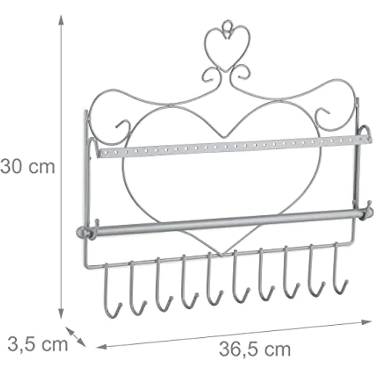 Relaxdays Wand Schmuckhalter Herzform, silber, für Ketten, Ohrringe & Armbänder, HxBxT: 30 x 36,5 x 3,5 cm, robustes Metall – Bild 4