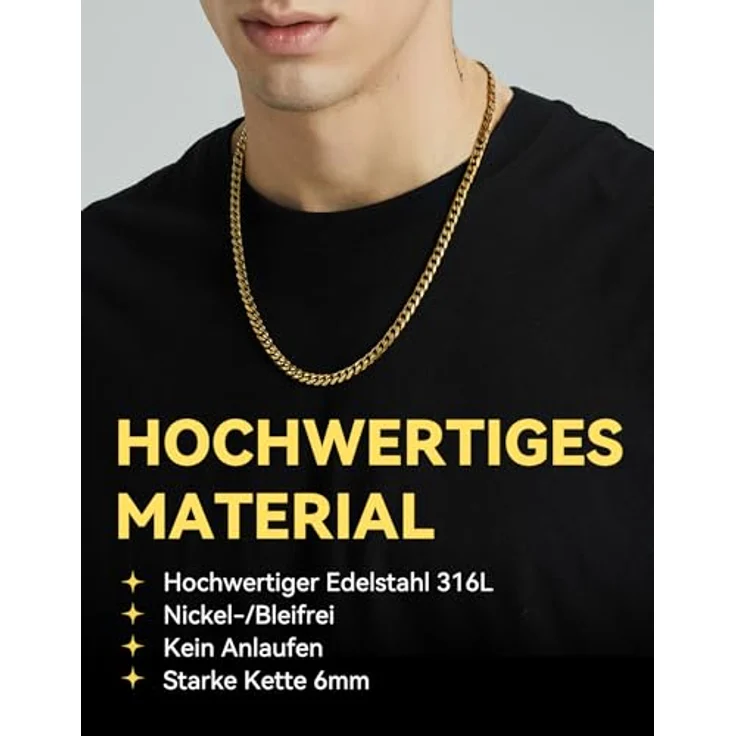 ChainsHouse Kubanische Panzerkette, vergoldete Herren Halskette aus Edelstahl, 76 cm, 6 mm breit, klassisches Design ohne Anhänger – Bild 3