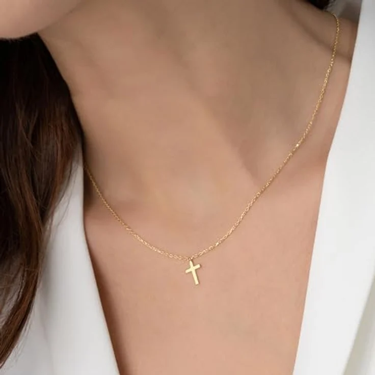 TINGN Kreuzkette - 14K Vergoldete Gold Kette mit Kreuzanhänger, hypoallergen, 45 cm + 6 cm verstellbar, für Damen und Teenager – Bild 4
