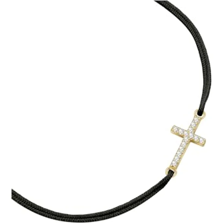 GLANZSTÜCKE MÜNCHEN Damen Textilarmband schwarz, 925/- Sterling Silber gelbvergoldet mit 14 Karat Zirkonia Kreuz-Anhänger, flexibel von 15 bis 22 cm Umfang – Bild 2