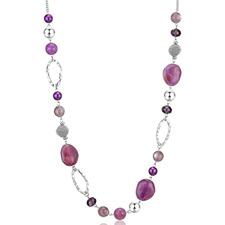 Bulinlin Silber Perlen Lange Kette für Damen, Boho Statement Halskette, 35+3 Zoll, edler Modeschmuck – Bild 1