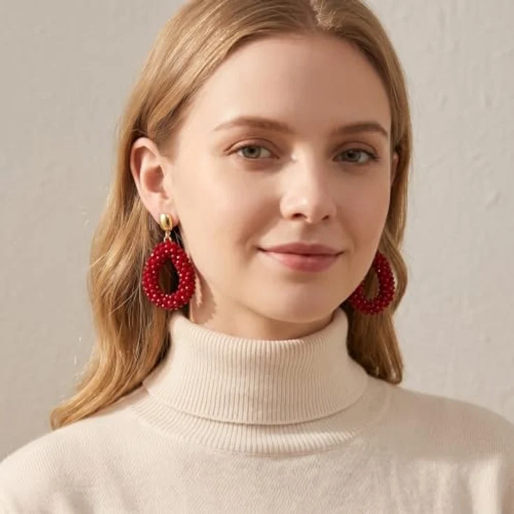 Joya Love Weinrot Boho Hohl Tropfen Ohrhänger, Facettierte Kristallperlen mit Glattem Goldoval Anhänger für Damen, Statement Ohrringe als Geschenk – Bild 2