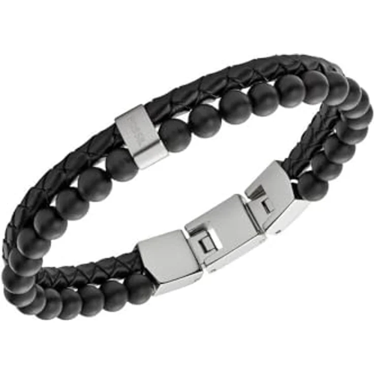 Fossil JF02763040, Herren-Armband aus Leder und Edelstahl, schwarz-silber, Innenlänge 180 mm + 15 mm, umklappbarer Verschluss – Bild 3