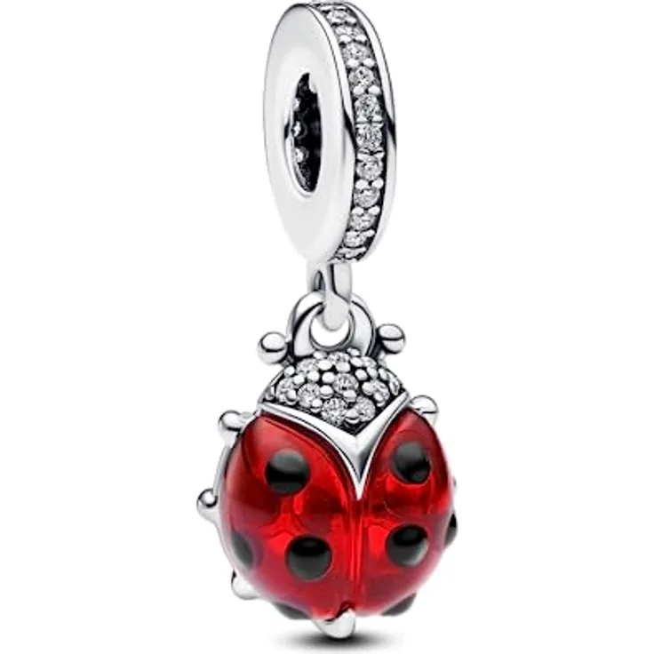 PANDORA Roter Marienkäfer Charm-Anhänger, Sterling-Silber mit schwarzer Emaille und Pavé-Verbindungsring, Moments Kollektion, 792571C01