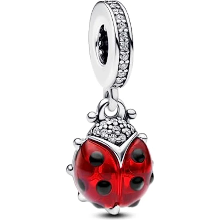PANDORA Roter Marienkäfer Charm-Anhänger, Sterling-Silber mit schwarzer Emaille und Pavé-Verbindungsring, Moments Kollektion, 792571C01 – Bild 1