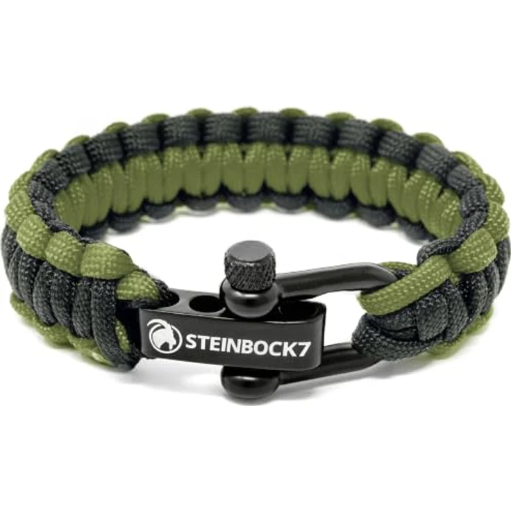 Steinbock7 Survival Armband Paracord, Robustes Bushcraft Armband mit Edelstahlverschluss, Verstellbar für Camping und Trekking, schwarz-grün – Bild 1