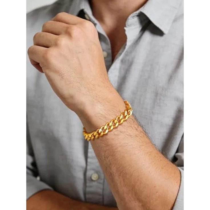 FindChic Herren-Armband Gold Panzerkette, Edelstahl Gliederarmband 9mm Breit, 21cm Lang, für Hip Hop & Streetwear – Bild 2