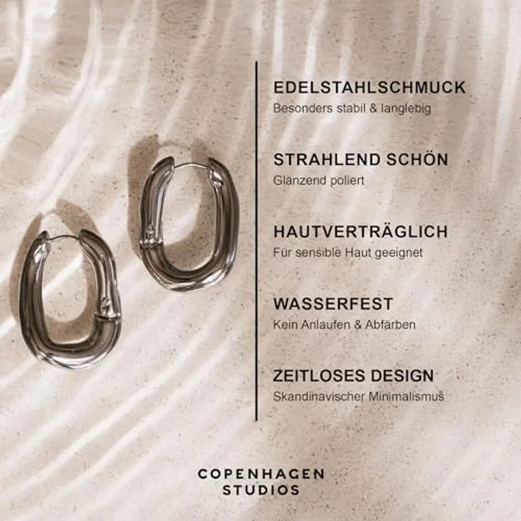 COPENHAGEN STUDIOS Organics Creolen, silber, Damenohrringe aus poliertem Edelstahl, organisches Design, wasserfest & hautfreundlich, Klappschließe – Bild 3