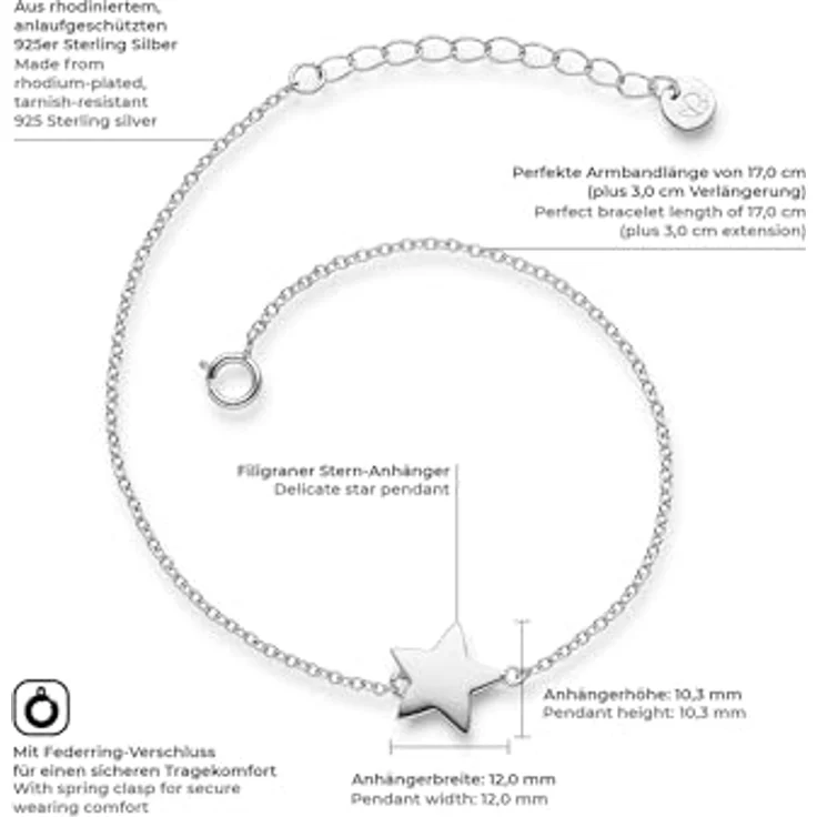 GLANZSTÜCKE MÜNCHEN Damen-Armband Stern aus rhodiniertem Sterling Silber, 17 + 3 cm, filigranes Design mit Anhänger – Bild 2