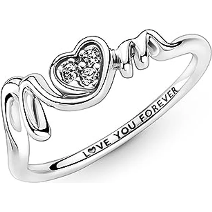 PANDORA Damen Ring "MOM mit Herz", Sterling-Silber mit Zirkonia, Gravur "LOVE YOU FOREVER" – Bild 1