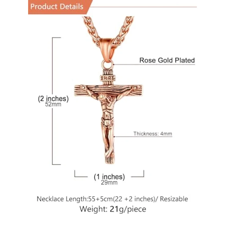 U7 Edelstahl Kreuz Halskette INRI Kruzifix Jesus Christus Anhänger, 55cm Rosegold vergoldet, Herren Modeschmuck – Bild 5
