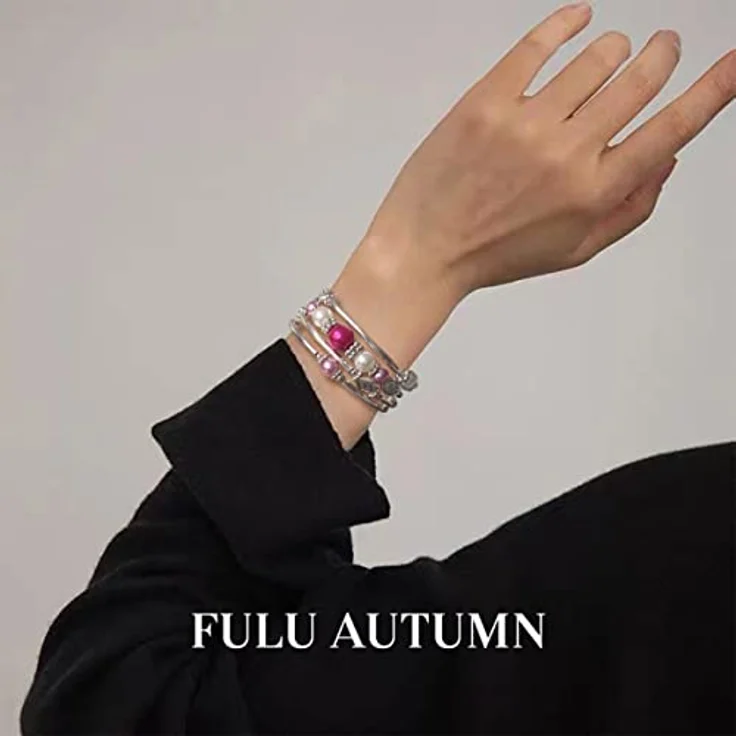 FULU AUTUMN Damen Boho Armband, mehrschichtiges Perlen Silber Wickelarmband, Geschenke zum Geburtstag und Muttertag, Hot Pink – Bild 5