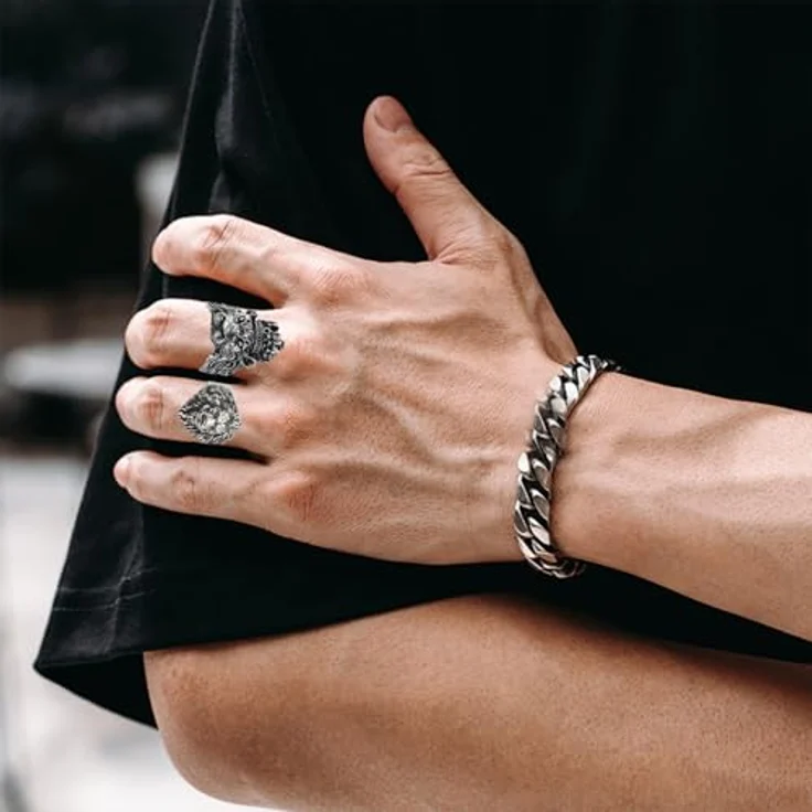 yolzhxe 5 Stück Totenkopf-Herrenringe, Verstellbares Edelstahl Gothic Ring Set mit Retro Punk Rock Designs für Halloween und Mottopartys – Bild 5