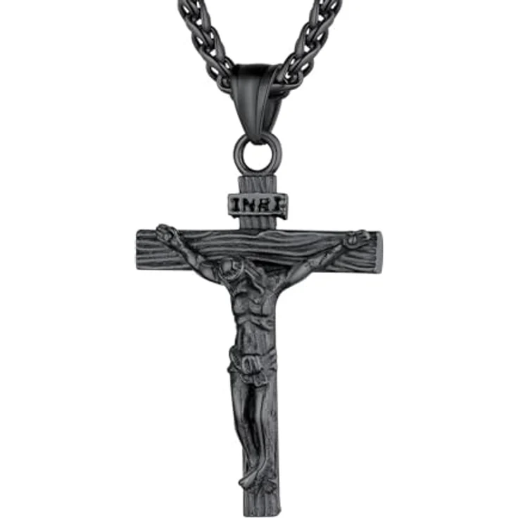 U7 Kreuz Halskette Edelstahl, INRI Kruzifix Jesus Christus Anhänger, Schwarz, 50+5cm Weizenkette, Herren Modeschmuck – Bild 1