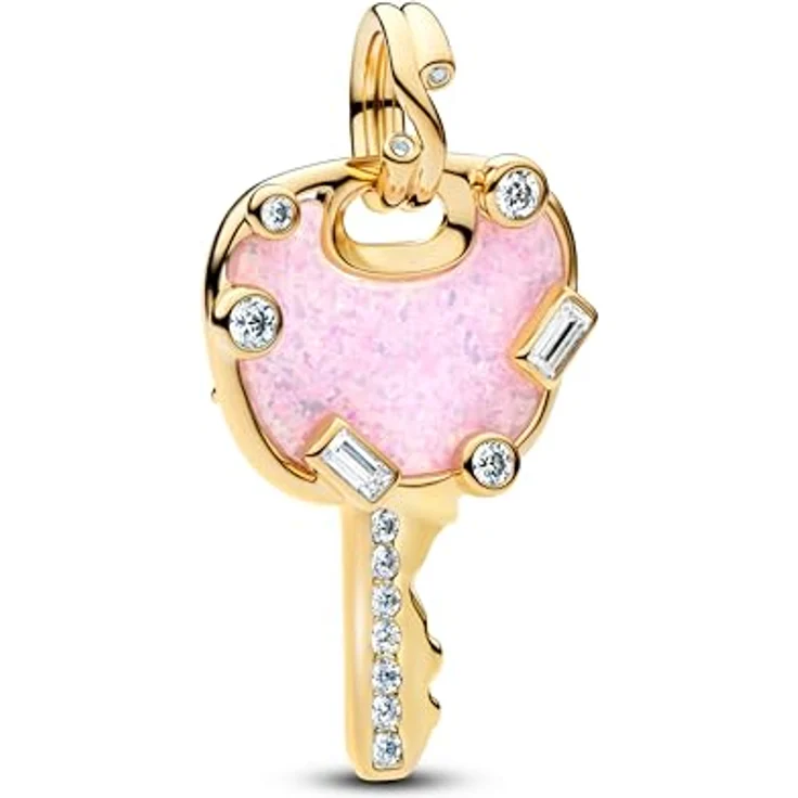 PANDORA Charmanhänger Liebesschlüssel, Opalisierender Rosa Stein, Goldfarben, Zirkonia – Bild 2