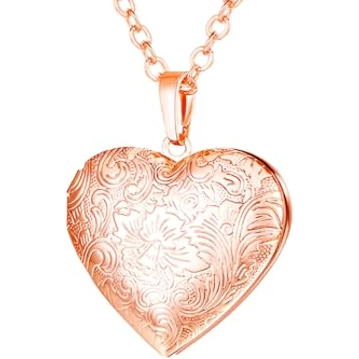U7 Herzkette Anhänger zum Öffnen, Rosegold Vintage Medaillon mit Blumenmuster für Damen, 50–55 cm einstellbare Kettenlänge, für Bilder und Erinnerungen – Bild 1