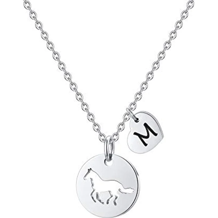 TINGN Pferde Kette Mädchen, 16 Zoll Edelstahl Herz-Buchstaben Kette mit personalisiertem M Anhänger, verstellbar und hypoallergen – Bild 1