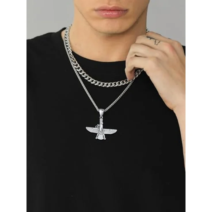 U7 Herren Faravahar Anhänger Halskette Edelstahl, Silber mit verstellbarer Weizenkette, Zoroastrismus Symbol Amulett für Männer – Bild 3