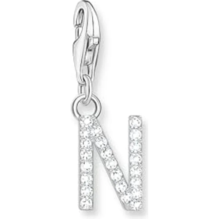 THOMAS SABO Charm-Anhänger Buchstabe N, 925er Sterlingsilber mit weißen Steinen, Karabinerhaken