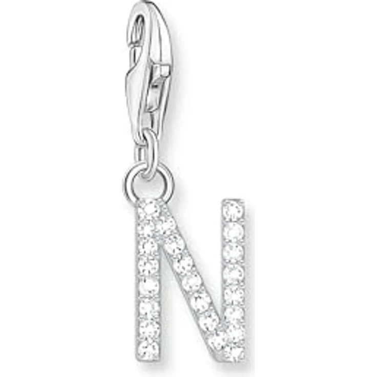 THOMAS SABO Charm-Anhänger Buchstabe N, 925er Sterlingsilber mit weißen Steinen, Karabinerhaken – Bild 1