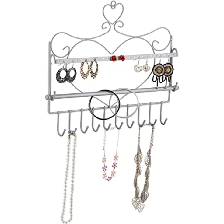 Relaxdays Wand Schmuckhalter Herzform, silber, für Ketten, Ohrringe & Armbänder, HxBxT: 30 x 36,5 x 3,5 cm, robustes Metall